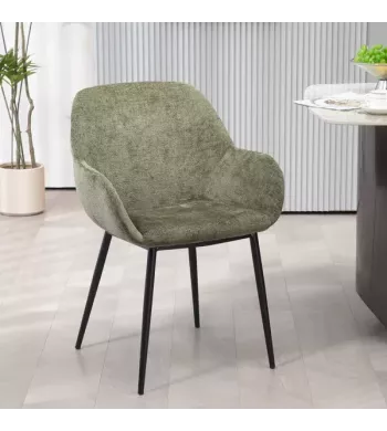 Chaise repas avec accoudoirs tissu chenille kaki pied métal - HIBIS