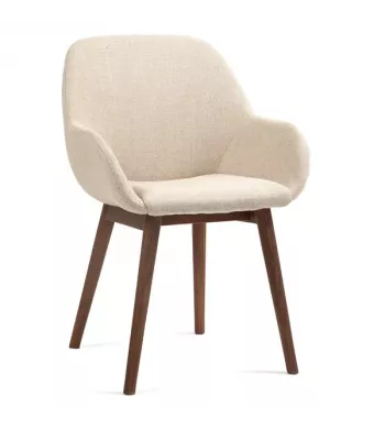 Chaise repas avec accoudoirs en tissu beige pied chêne foncé - MALVA